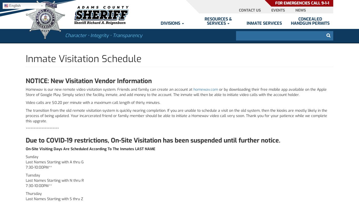 Inmate Visitation Schedule | Adams County Sheriff's Office